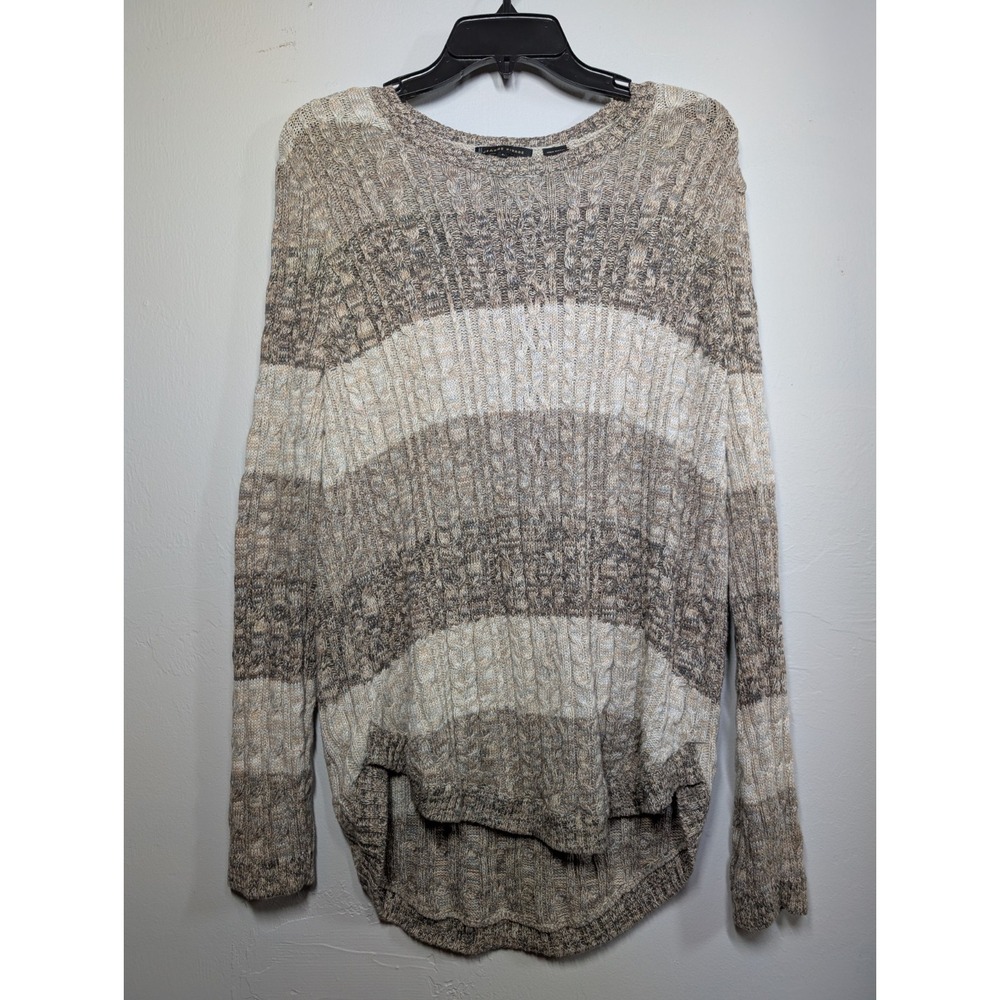 Jeanne Pierre Stripe Long Sleeve Crew Neck Sweater Women Large Tan Brown Cream